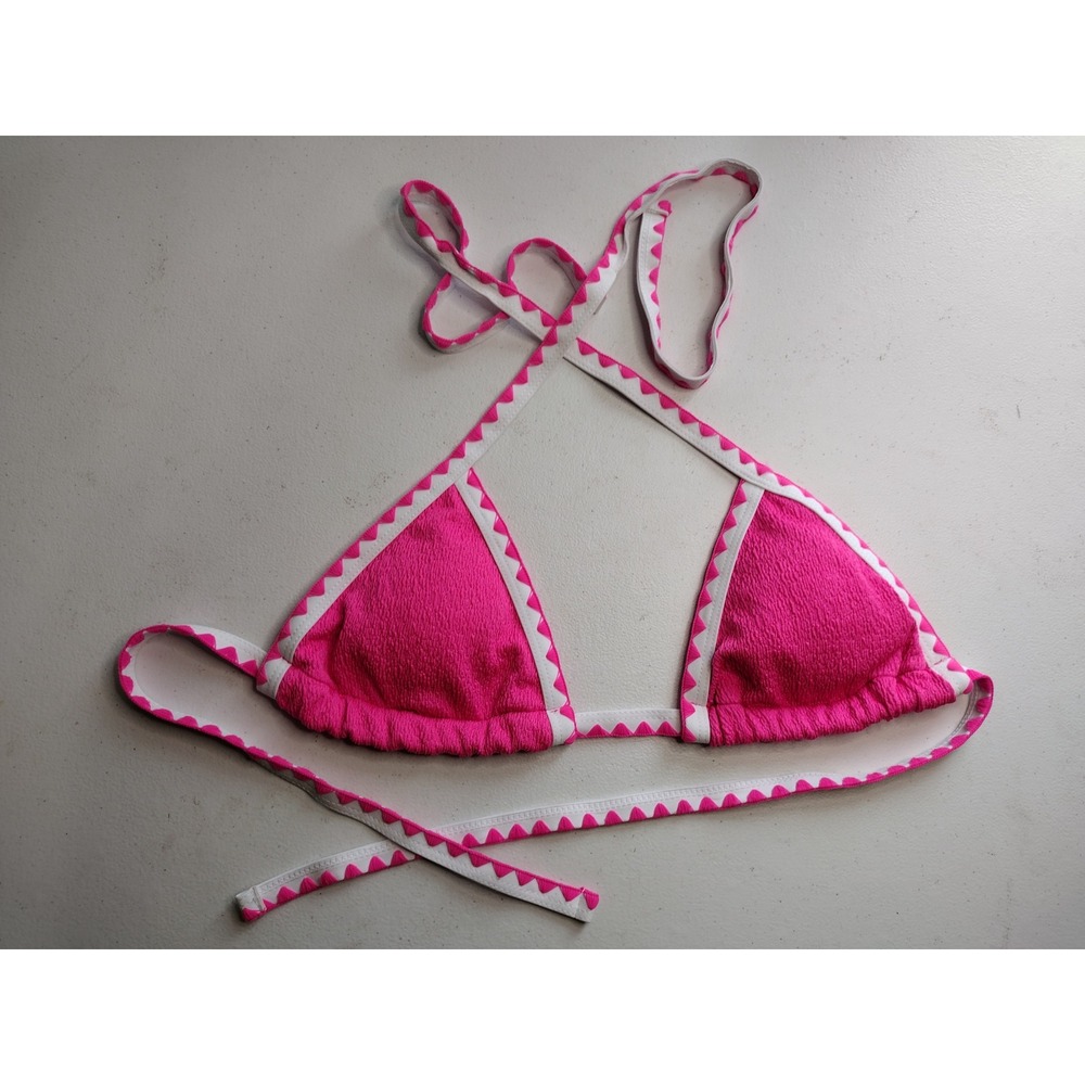 Hot Pink Textured Triangle Bikini Top White Zigzag Trim Ties Women's Size M